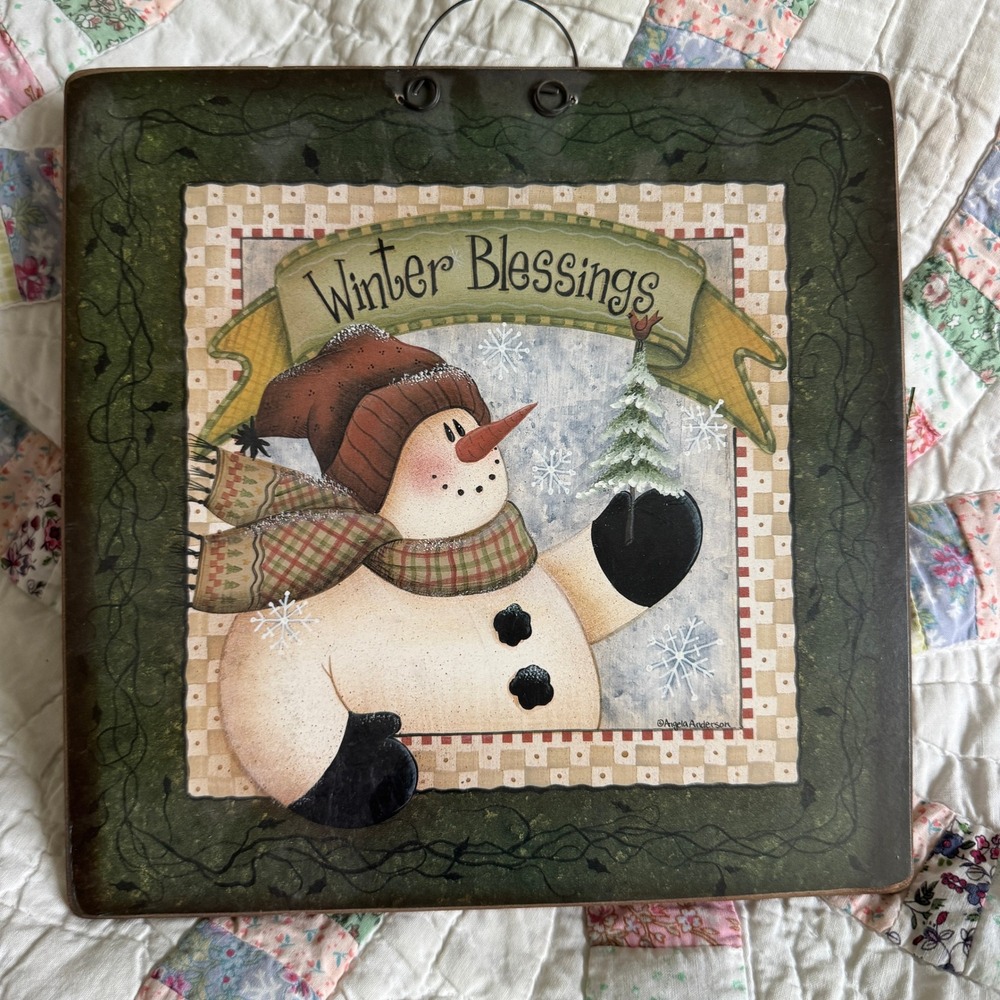 Angela Anderson Winter Blessings Snowman Primitive Wood Wall Plaque Folk Art